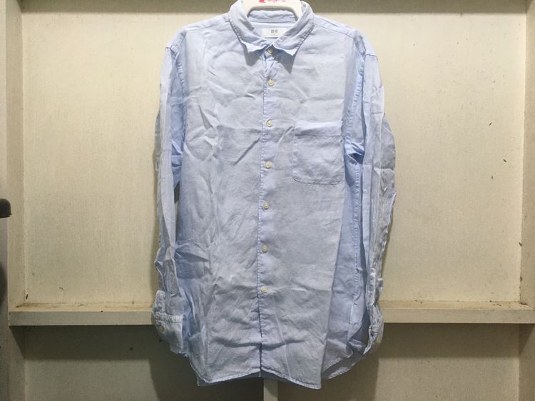 XL เสื้อเชิ้ตแขนยาว ผ้าลินิน แบรนด์ UNIQLO สีฟ้าพาสเทล