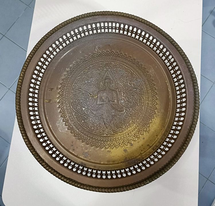 💟 ถาดทองเหลือง 12 นิ้ว ขาพาน