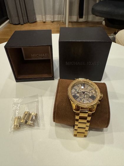 ทอง Michael Kors Wren Chronograph Crystal Pave Gold Dial Gold Steel Strap Watch For Women