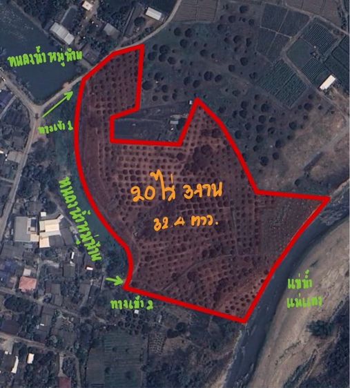ขายที่ดินถมแล้ว 20 ไร่ 3 งาน 32.4 ตรว เป็นสวนเกษตร (ไม่เสียภาษีที่ดิน) ติดแม่น้ำแตง อ.แม่แตง จ.เชียงใหม่