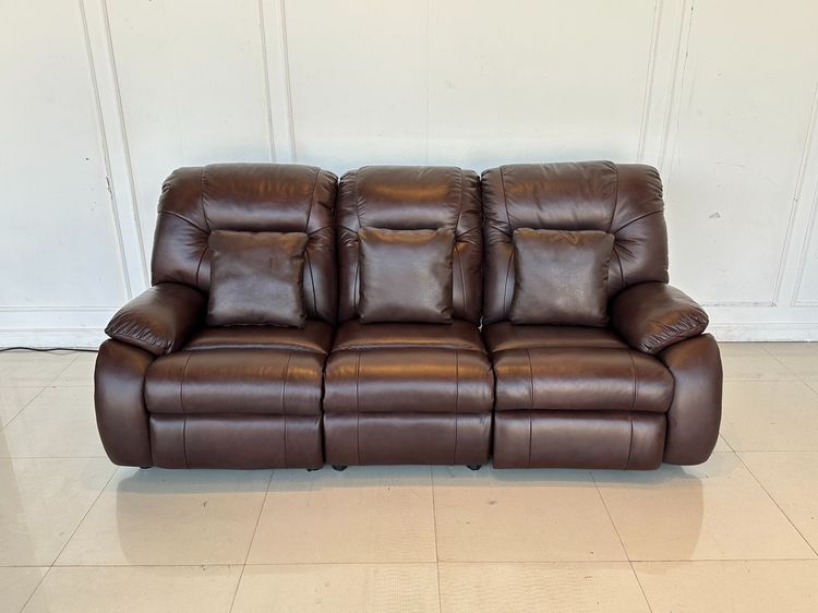 โซฟา 3 ที่นั่ง เบาะหนังแท้ผิวสัมผัสสีน้ำตาล รูปที่ 2