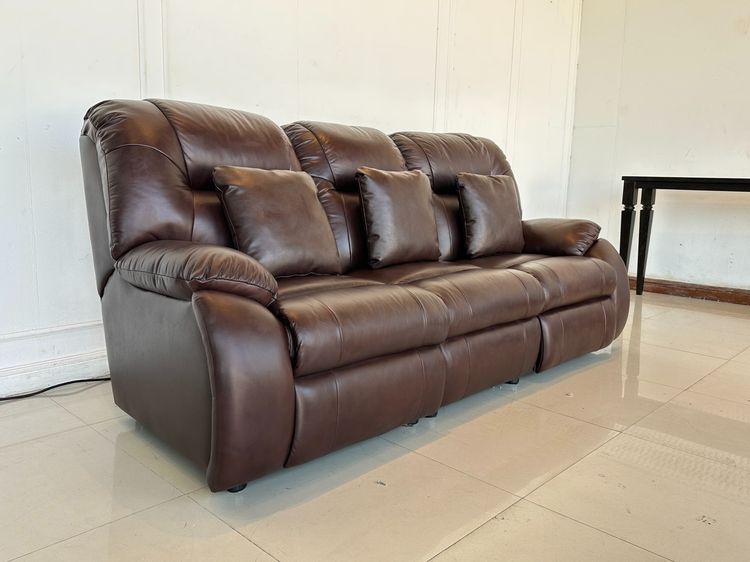 โซฟา 3 ที่นั่ง เบาะหนังแท้ผิวสัมผัสสีน้ำตาล รูปที่ 3