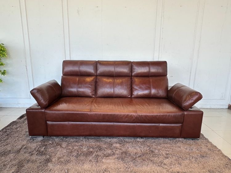 โซฟา 3 ที่นั่ง เบาะหนังแท้ผิวสัมผัสสีน้ำตาล รูปที่ 9