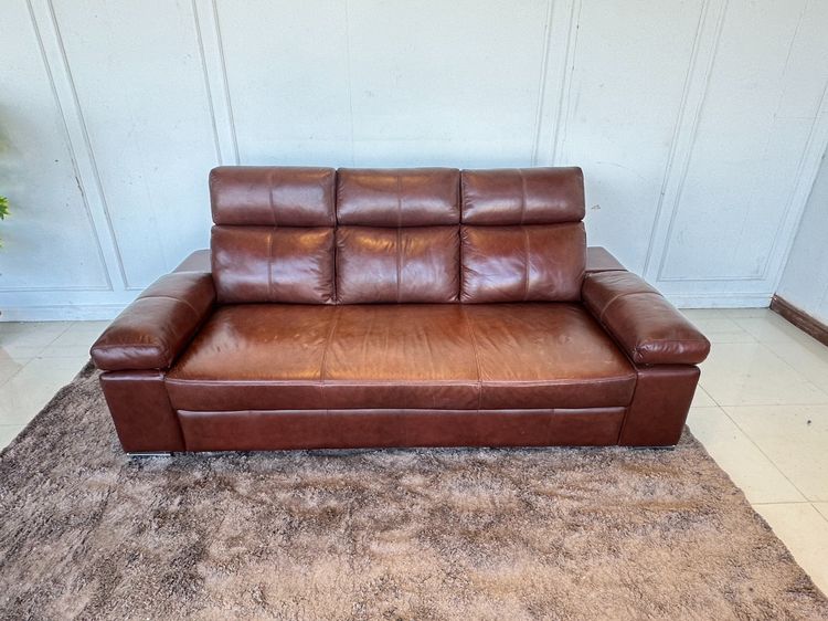 โซฟา 3 ที่นั่ง เบาะหนังแท้ผิวสัมผัสสีน้ำตาล รูปที่ 2