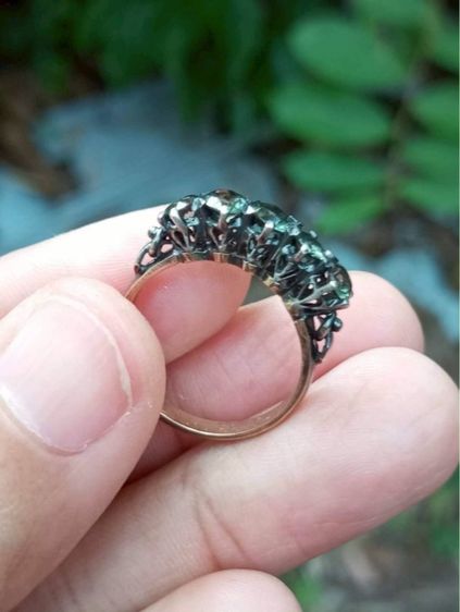 งานเก่าโบราณ พลอยแท้เขียวส่อง 💚 เรือนทองแท้ 7K-8K สีพิ้งโกลด์ นน. 2.65 กรัม ไซส์52 พลอยฝังต่ำ 1 เม็ด งานเก่าตามสภาพ 