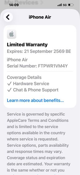 ขาย iPhone Air 512g สีขาว มีกล่องหมดประกัน 21-09-69 ขาดสายชาร์จ นัดรับ กทม ราคา 32500 บาท ติดฟิลม์รอบเครื่อง ไม่มีตำหนิ tel 0944561554 รูปที่ 4