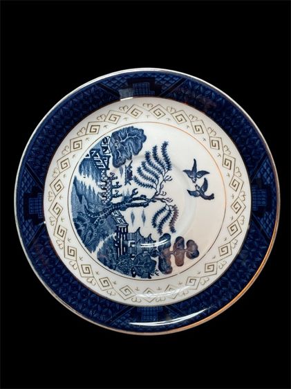 จานกระเบื้องเพ้นท์ลาย สีน้ำเงินเข้ม 