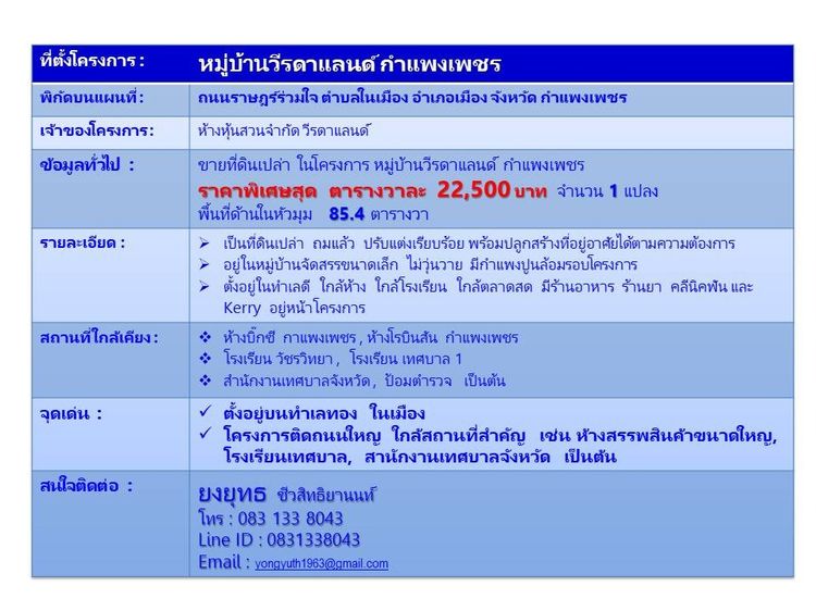 ขายที่ดินเปล่า ในโครงการ หมู่บ้านวีรดาแลนด์ กำแพงเพชร   ราคาพิเศษสุด  ตารางวาละ  22,500 บาท พื้นที่ด้านในหัวมุม 	85.4 ตารางวา รูปที่ 4