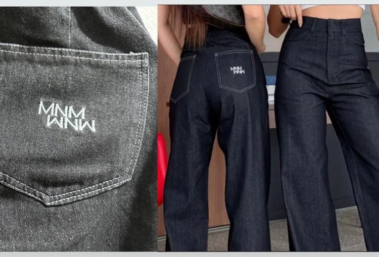 กางเกงขากระบอก ปักโลโก้ MNM สียีนส์เข้ม รูปที่ 3
