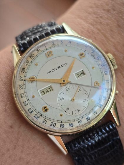 Vintage Movado Triple-Date  Calendar 14k Yollow Gold ปี1940s หน้าเฟดเดิมๆ 2หน้าต่าง 2เข็มครึ่ง มีวันที่ ตัวเรือนทองคำแท้14k  รูปที่ 8