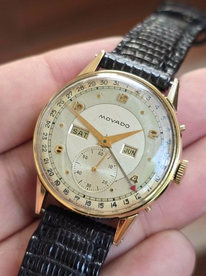 Vintage Movado Triple-Date  Calendar 14k Yollow Gold ปี1940s หน้าเฟดเดิมๆ 2หน้าต่าง 2เข็มครึ่ง มีวันที่ ตัวเรือนทองคำแท้14k  รูปที่ 6