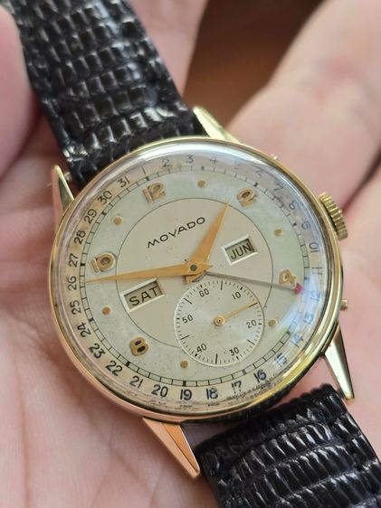 Vintage Movado Triple-Date  Calendar 14k Yollow Gold ปี1940s หน้าเฟดเดิมๆ 2หน้าต่าง 2เข็มครึ่ง มีวันที่ ตัวเรือนทองคำแท้14k  รูปที่ 2
