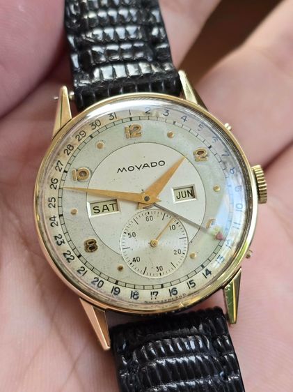 Vintage Movado Triple-Date  Calendar 14k Yollow Gold ปี1940s หน้าเฟดเดิมๆ 2หน้าต่าง 2เข็มครึ่ง มีวันที่ ตัวเรือนทองคำแท้14k 