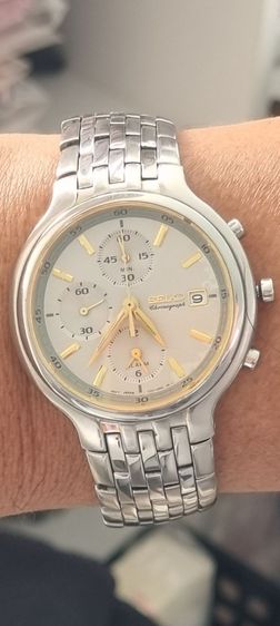 เงิน  Seiko Chronograph 40มม. ระบบทำงานทุกปุ่ม กระจกใสปิ๊ง ตัวเรือนสาย เงาวับ สายยาว 17 cm ข้อมือ 6.5-7 นิ้ว ใส่ พอดี