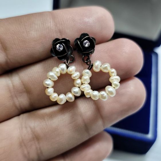 🔖ต่างหูมุกแท้ ดอกกุหลาบประดับพลอยสีชมพู ของจริงสวยมาก งานจากญี่ปุ่น รูปที่ 2