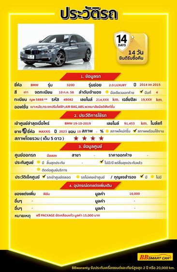 BMW Series 3 2015 320d Sedan ดีเซล ไม่ติดแก๊ส เกียร์อัตโนมัติ เทา รูปที่ 2