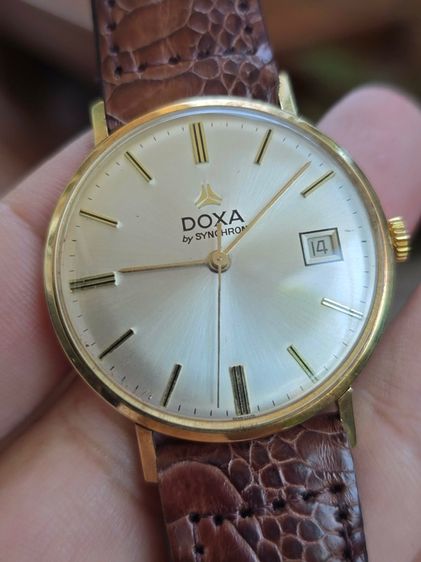 Vintage DOXA by SYNCHRON 14k Solid Gold หน้าปัดขาวSilver มีวันที่ หลักขีดสอดนิน ตัวเรือนทองคำแท้14k   รูปที่ 5