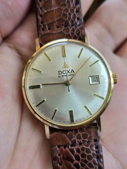 Vintage DOXA by SYNCHRON 14k Solid Gold หน้าปัดขาวSilver มีวันที่ หลักขีดสอดนิน ตัวเรือนทองคำแท้14k   รูปที่ 6