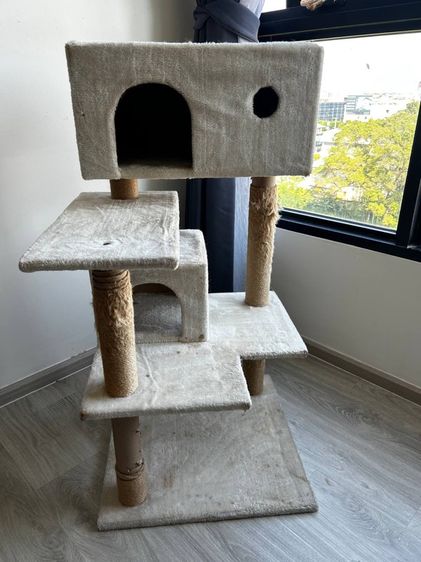 คอนโดแมวมือสอง สูง135cm สีครีม พร้อมเชือกซ่อม ยังแข็งแรง ภาพพอใช้ รูปที่ 2