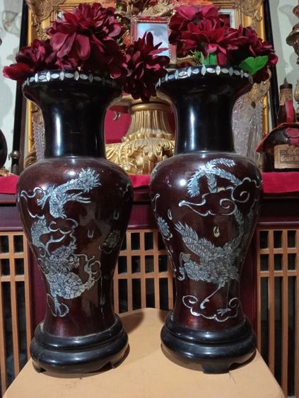 เเจกันไม้หงส์มังกรฝังมุก1 คู่ขนาดใหญ่สภาพเยี่ยม รูปที่ 5