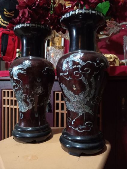 เเจกันไม้หงส์มังกรฝังมุก1 คู่ขนาดใหญ่สภาพเยี่ยม รูปที่ 3