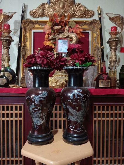 เเจกันไม้หงส์มังกรฝังมุก1 คู่ขนาดใหญ่สภาพเยี่ยม รูปที่ 6