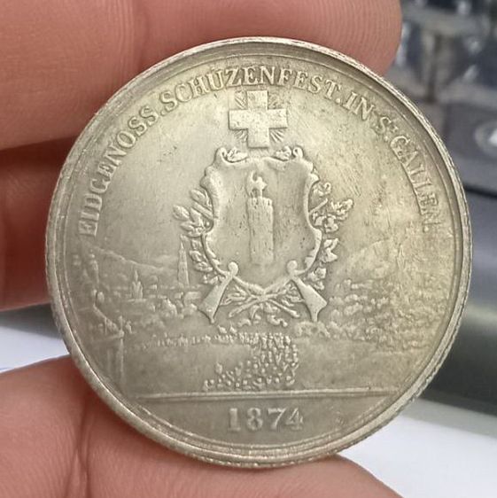 3027-เหรียญที่ระลึกเพื่อการสะสม เหรียญนักรบ ประเทศสวิสเซอร์แลนด์ ปี1874 ขนาดเส้นผ่าศูนย์กลางประมาณ 3.7 ซม รูปที่ 3