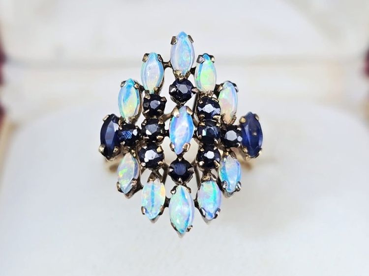 งานเก่า แหวนเรือนทองแท้ K8 พลอยแท้ โอปอล🤍ไพลิน💙 ไซส์ 54  รูปที่ 4