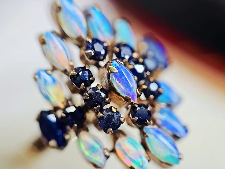 งานเก่า แหวนเรือนทองแท้ K8 พลอยแท้ โอปอล🤍ไพลิน💙 ไซส์ 54  รูปที่ 8