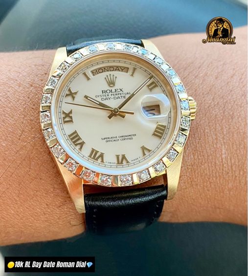 Rolex Day Date Ivory Roman Dial 18k Diamond Bezel