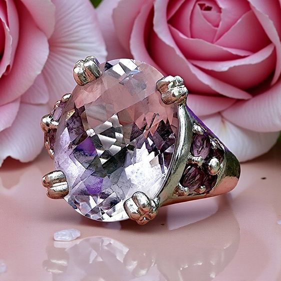จิวเวอรี่เก่า 📌นานๆมาค่ะ แหวนเงินแท้งานโบราณ พลอยแท้ Morganite ขนาด 10 กะรัต ไซส์ 51 