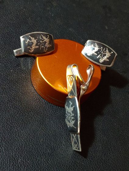 เนื้อเงินแท้สเตอร์ลิง 925ลงถมเก่าโบราณ ครบชุด 3 ชิ้นสภาพเยี่ยม รูปที่ 13