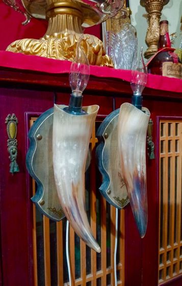 โคมไฟ 1 คู่ เขาจริงแป้นไม้แท้แต่งโลหะพร้อมชุดไฟใช้งานได้เลยสภาพใหม่ รูปที่ 9