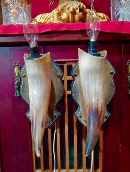 โคมไฟ 1 คู่ เขาจริงแป้นไม้แท้แต่งโลหะพร้อมชุดไฟใช้งานได้เลยสภาพใหม่ รูปที่ 7