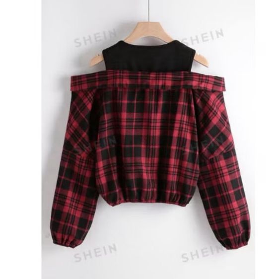 เสื้อเปิดไหล่ลายสก็อต แขนยาว shein size s อก 36 แค่ลองสวมครั้งเดียว สภาพ 99 เปอร์เซ็นต์ เหมือนใหม่ รูปที่ 2