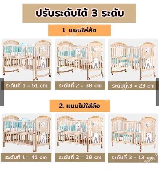 เตียงไม้เด็ก ขยายความยาวได้ เปิดข้างได้ ล็อคล้อได้ เข็นได้ โยกได้ พร้อม เบาะที่นอน รูปที่ 9