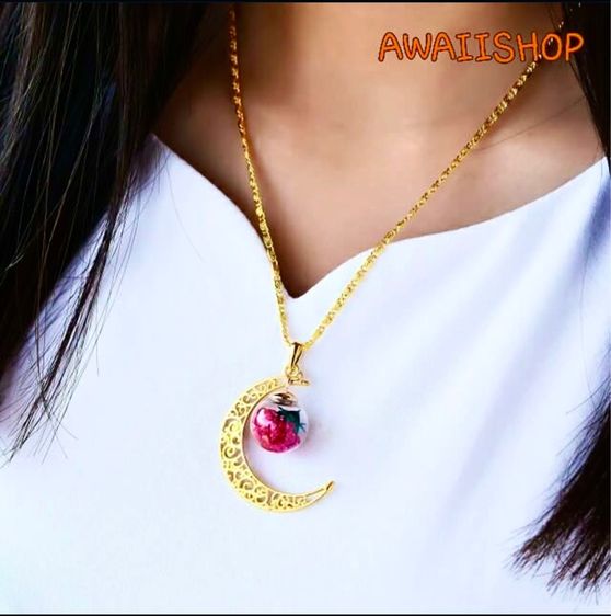 สร้อยจี้พระจันทร์พร้อมดอกไม้ โคมแก้ว