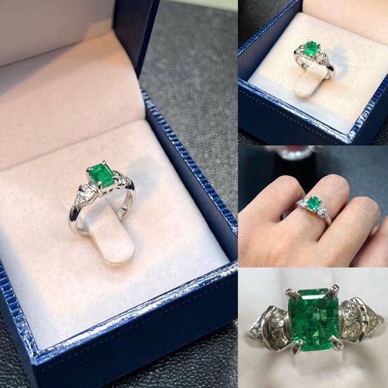 ทองคำขาว แหวนพลอยมรกต ขนาด 0.785 กะรัต เพชรแท้เบลเยี่ยม รวม 0.185ct ตอกโค๊ด 