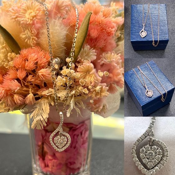 สร้อยคอและจี้ ทองคำขาว สร้อยคอพร้อมจี้เพชรหัวใจตุ้งติ้ง เพชรแท้เบลเยี่ยม 41 เม็ด รวม 38 ตัง 