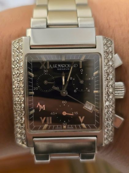 นาฬิกา A LE MARQUAND GENEVE  Black Dial Factory Diamond CHRONOGRAPH ขอบเพชรแท้64เม็ดจากโรงงานเดิม หน้าปัดดำ มีวันที่ กระจกSAPPHIRE CRYSTAL  รูปที่ 2