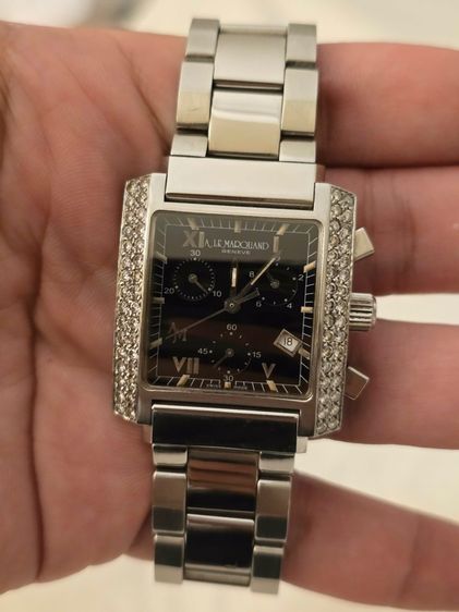 นาฬิกา A LE MARQUAND GENEVE  Black Dial Factory Diamond CHRONOGRAPH ขอบเพชรแท้64เม็ดจากโรงงานเดิม หน้าปัดดำ มีวันที่ กระจกSAPPHIRE CRYSTAL  รูปที่ 10