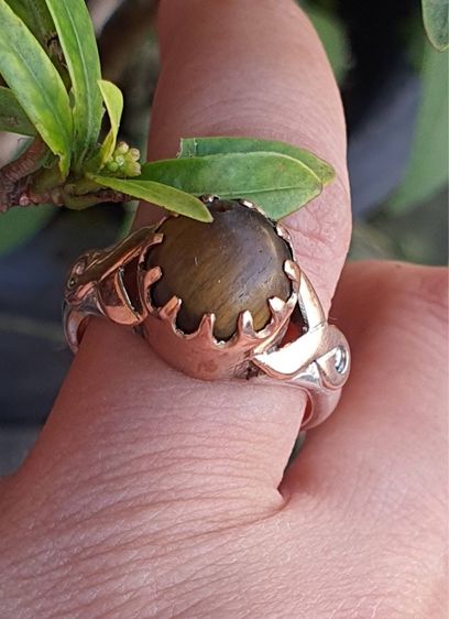 แหวนโบราณ เงินแท้ปะนาค หัวพลอยไม่แน่ใจ ไม้หรือหิน🤎 คล้ายหินตาเสือมีเหลือบ นน. 7.3 กรัม ไซส์ 58  รูปที่ 4