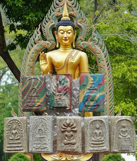 พระสมเด็จเบญจสิริหลังครุฑ พระสมเด็จวัดระฆังโรยผงตะไบทอง กรุวัดพระแก้ว คละพิมพ์