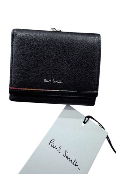 หนังแท้ อื่นๆ กระเป๋าสตางค์แบบพับสามทบ ลายทางซ้อนชั้น สำหรับผู้หญิง จาก Paul Smith หนังสีดำ