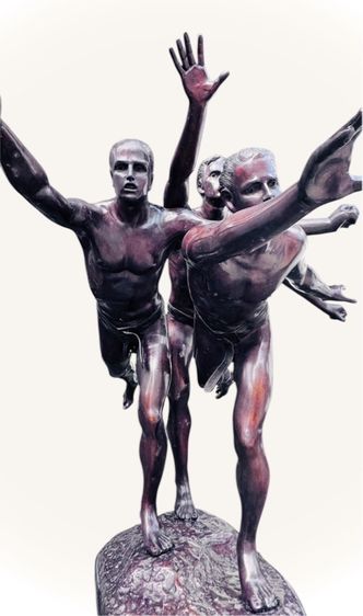  bronze brass sculpture of 3 running athletes TO THE GOAL BOUCHER Alfred นักกีฬา 3 คนกำลังวิ่งเข้าสู่ประตูชัย รูปที่ 4