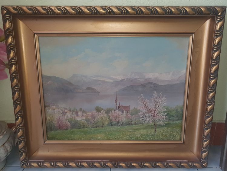 ภาพวาดสีน้ำมัน วิวทะเลสาบลูเซิร์นและเทือกเขาแอลป์ (Spring in Switzerland) ขนาดกลาง 62x52 cm