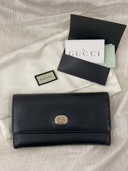 ดำ หนังแท้ กระเป๋าสตางค์ใบยาว GUCCI แท้ หนังวัวแท้