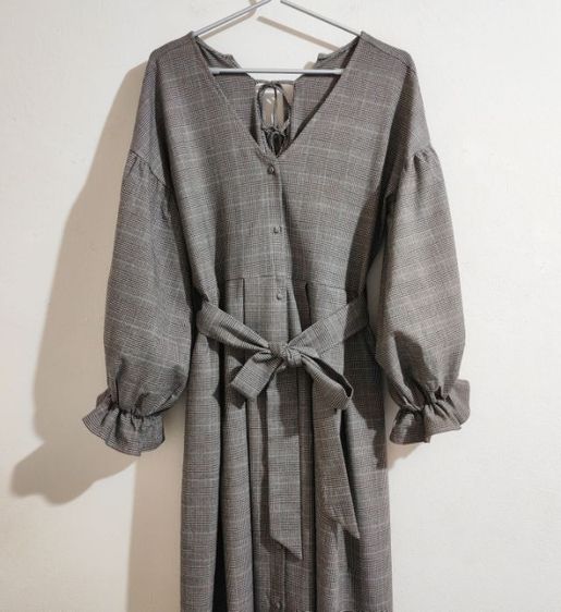 เดรสยาวลายสก็อต สีน้ำตาล รูปที่ 7