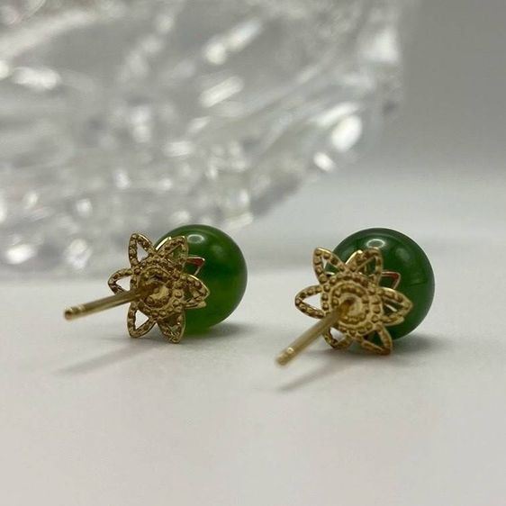 ต่างหูทองแท้ 9K หยกแท้💚💚ขนาด 7  mm. นน. 2 กรัม (แถมแป้นยางให้ค่ะ)  รูปที่ 2