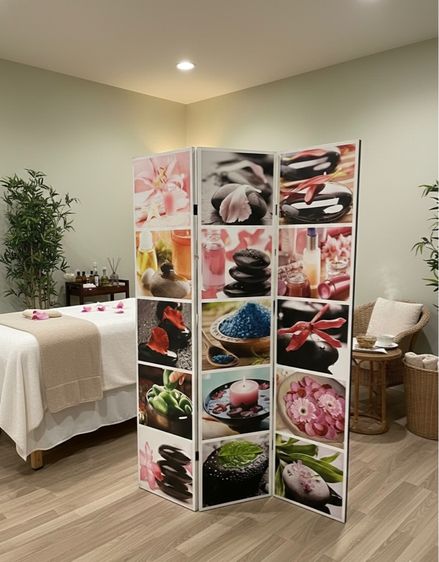 ฉากกั้น 3 บาน ลายทั้ง 2 ด้าน พับเก็บเลื่อนได้